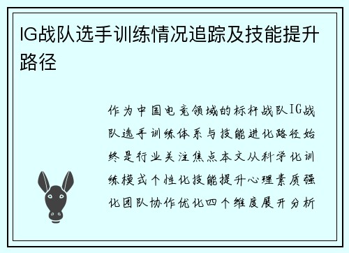 IG战队选手训练情况追踪及技能提升路径