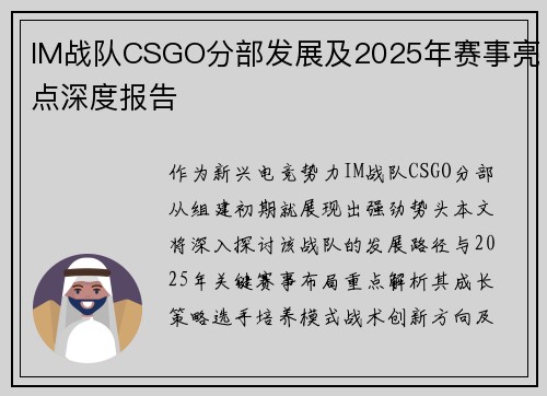 IM战队CSGO分部发展及2025年赛事亮点深度报告