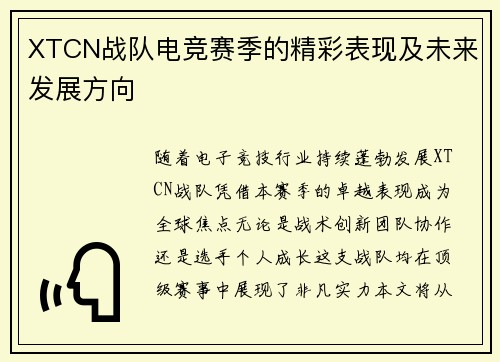 XTCN战队电竞赛季的精彩表现及未来发展方向