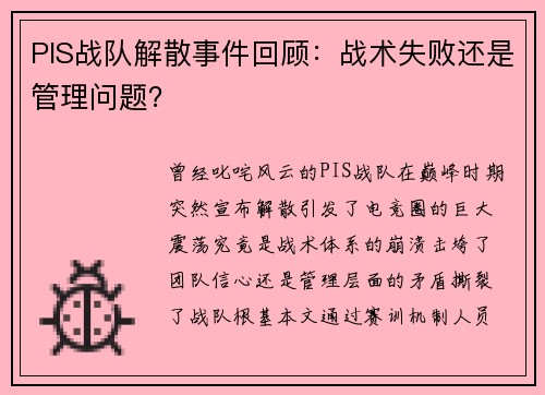 PIS战队解散事件回顾:战术失败还是管理问题?